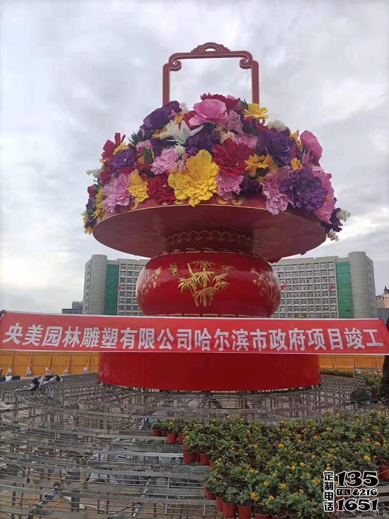 玻璃鋼彩繪廣場大型國慶景觀大花籃雕塑 玻璃鋼彩繪廣場大型國慶景觀大花籃雕塑